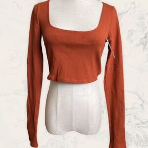 NWT Lulus - Let's Unwind Brown Ribbed Long Sleeve Crop Top -Size M - Brown